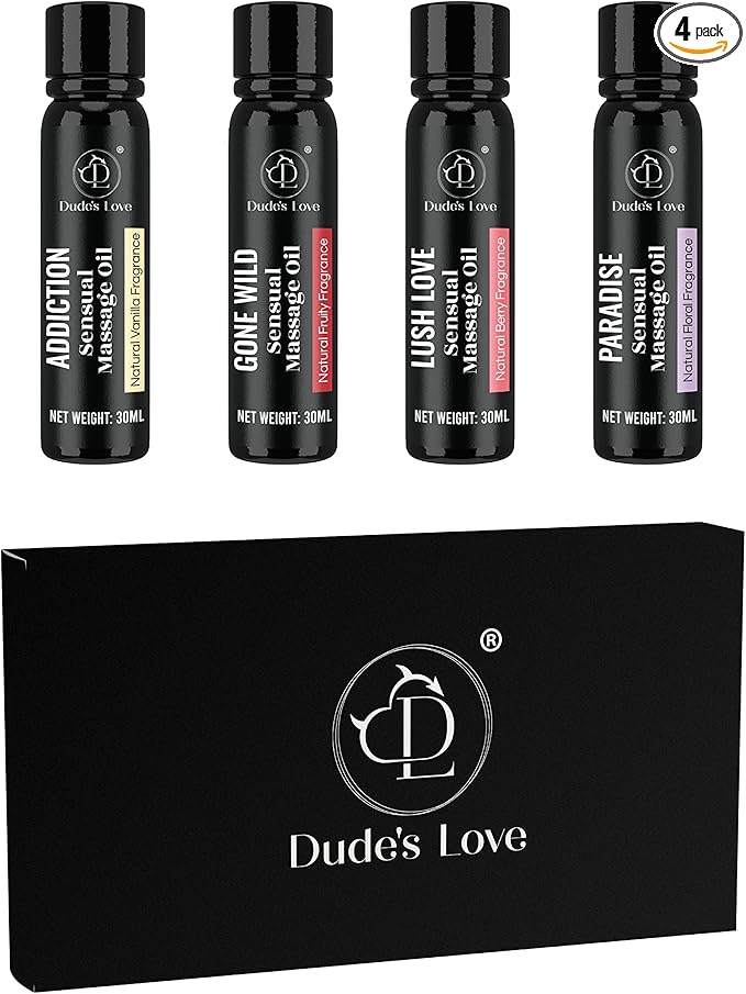 Organic Sensual Safe to Lick Body Massage Oils for Couples - Gift Set Romantic Date Night – Non Greasy No-Stain Fractionated Coconut Oil Quick Absorbing Smooth Glide Trial Pack of 4-120 ML/4 Fl Oz