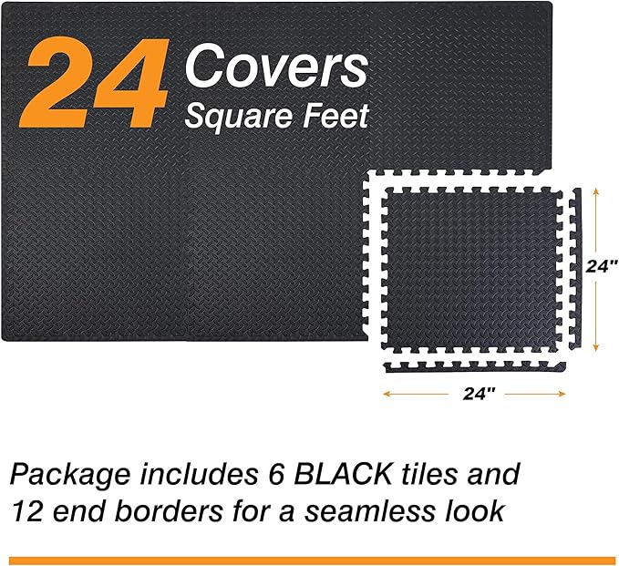Mat Block Interlocking Foam Tiles Puzzle Mats for Floor 24 SQ FT, 1/2 inch, 6 Tiles, EVA Gym Mat Flooring Exercise Equipment Mat for Home Gym Equipment, Black, 6pcs
