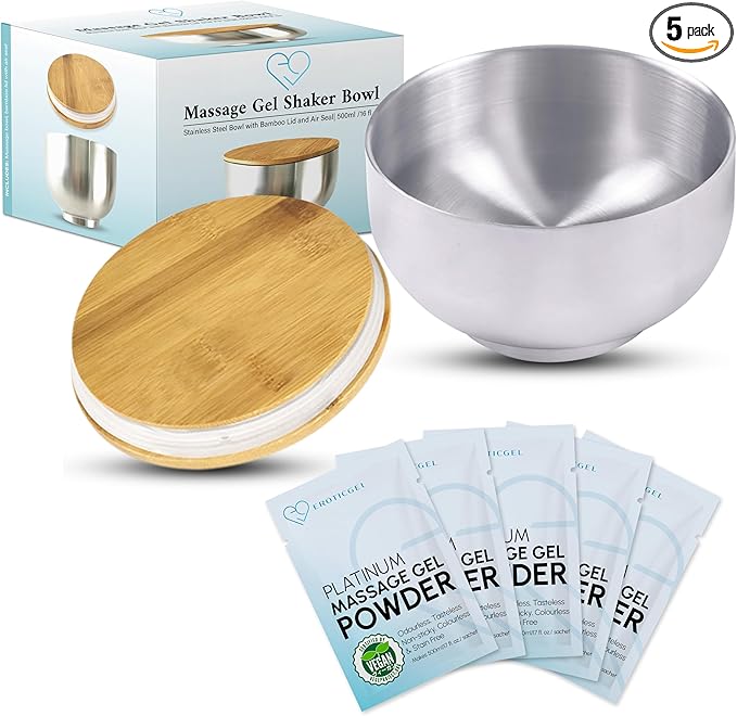 Platinum Nuru Massage Gel Powder and Bowl Set | 5 x Massage Powder 5g Sachet | 1 x 16 fl oz Bowl | Ideal for Relaxing Nuru Massage | Tasteless, Colorless, Stain-Free