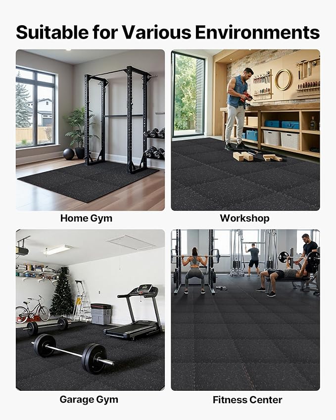 VEVOR 0.4Inch 96sq.ft 24 Tiles Gym Flooring for Home Gym, Rubber Top with High Density EVA Foam, 24 x 24In Gym Floor Exercise Equipment Mats, Interlocking Gym Mats, Puzzle Workout Mats, Black & White
