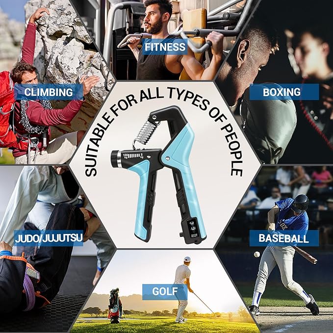 Hand Grip Strengthener - Adjustable Resistance 11-220Lbs Forearm Strength Trainer with Counting, Silicone Grip Ring & Hand Exercise for Quickly Increasing Wrist Forearm and Finger Strength Combo Set