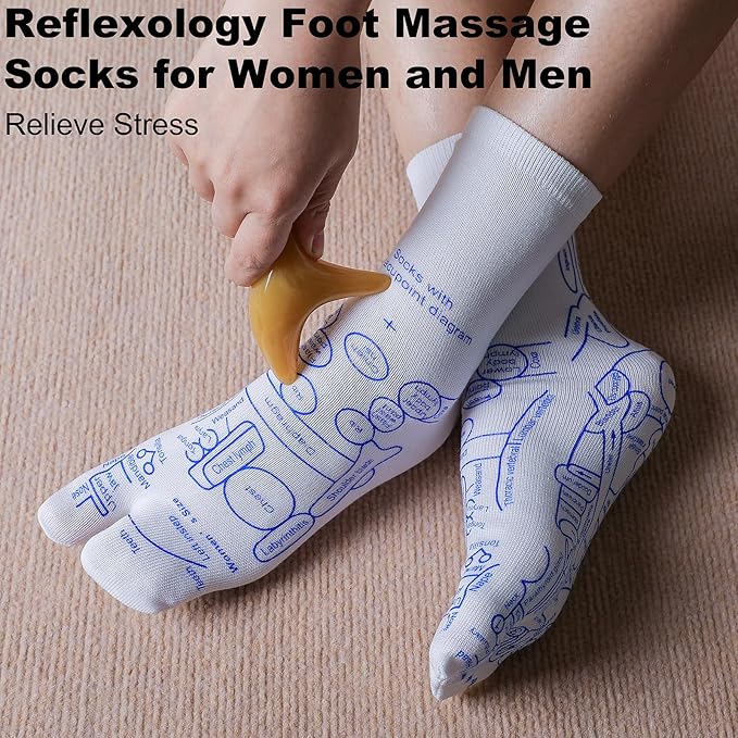 2 Pairs Reflexology Socks with Beginner Acupoint Massage Tools Set of 5 - Foot Pain Relief Remedy for Foot Massage Rod for Women Tired Relieve