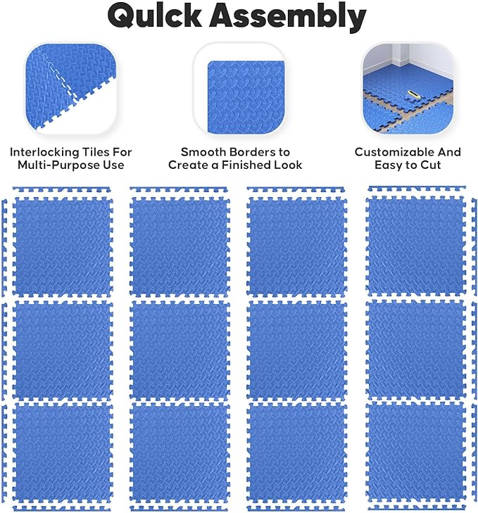 32 Pack Home Gym Mat, Puzzle Exercise Mat,EVA Interlocking Foam Floor Tiles for Home Workout Equipment and Kids' Play Areas - Blue, 24 in x 24 in x ½ in - 32 Tiles (Blue, 32 Pack 128 sq ft)