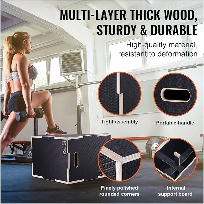 Plyometric Jump Box 3-in-1, 24/20/16 Inch Wood Plyo Box, Fitness Step Platform, Agility Training Box - Home Gym, Strength & Conditioning, Black