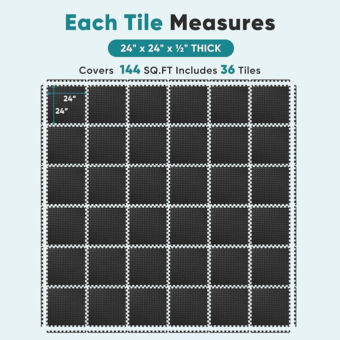 OLIXIS Interlocking Foam Floor Tiles, 1/2 Inch Thick Non-Slip Gym Flooring Mats for Home Gym, Garage Floor Mats Protective Workout Room Tiles for Weight Lifting & Cardio, 36 Pcs