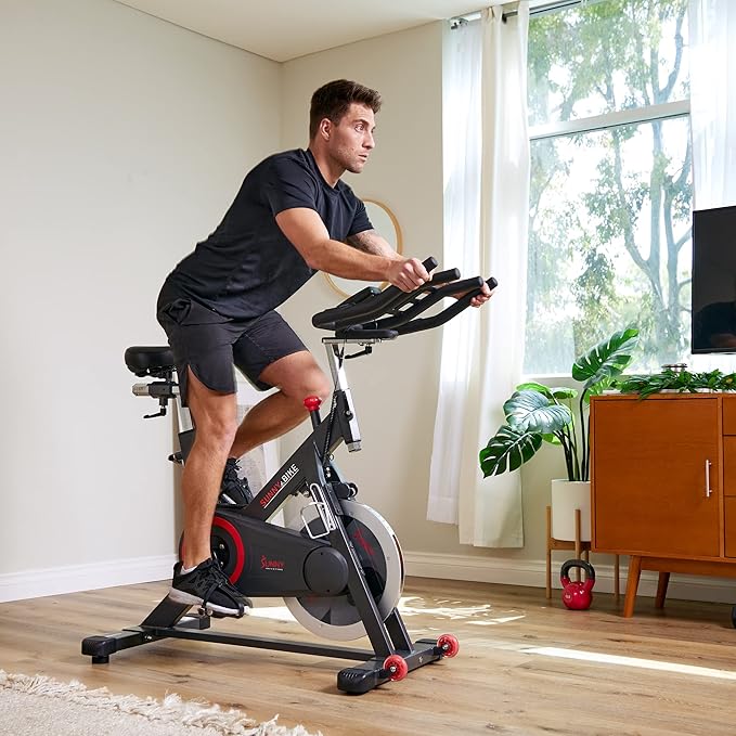 Sunny Health & Fitness Magnetic Exercise Bike, 44LB Flywheel & 300LB Weight Capacity for Intensive Home Workout, Indoor Cardio Training w/4-Way Adjustable Seat, Optional Free SunnyFit App Connection