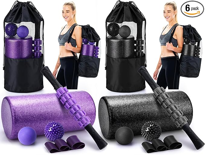 Soulchen 12 Pcs Foam Roller Set - 6 in 1 Deep Muscle Recovery Kit Includes Back Roller, Massage Ball, Muscle Stick, Fasciitis Ball, Stretch Strap & Bag for Body Physical Exercise Therapy, 2 Set