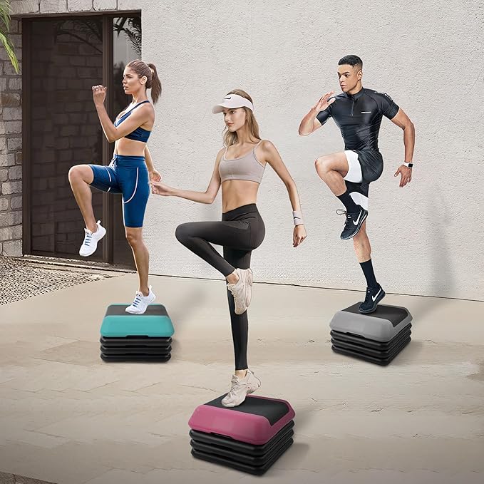 Fitvids Step Aerobic Platform, Exercise Step with 5 levels Adjustable Height, 4 Stackable Risers, Fitness Training Workout Stepper for Home Gym, Cardio Strength, Multiple Options