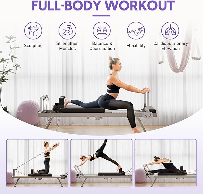 Collapsible Pilates Reformer for Home Gym – Adjustable Machine with 5 Metal Springs – High Strength Cords – Wide Platform – Supports up to 450 lbs – Portable Pilates Equipment for Women & Beginners