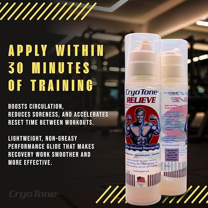 Relieve Post-Workout Massage Gel 2-Pack, Muscle Recovery Rub for Athletes – Hypoallergenic, Fragrance-Free, Non-Greasy Formula with Metered Pump, Made in USA, 6.76 fl oz Each
