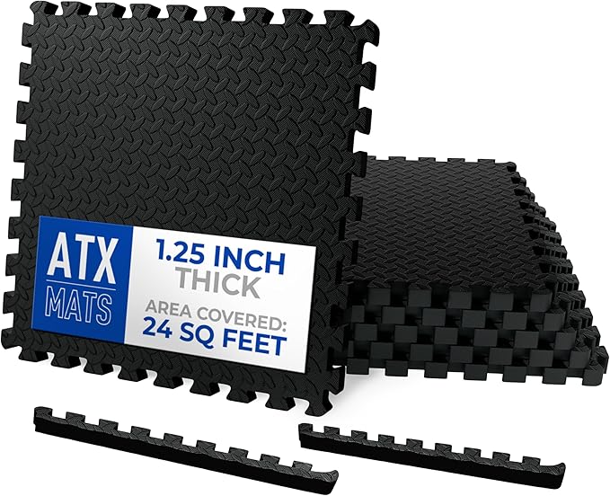 Puzzle Exercise Mat 1.25 in, EVA Interlocking Foam Floor Tiles for Home Gym, Mat for Home Workout Equipment, Floor Padding for Kids, Black, 24 in x 24 in x 1.25 in, 24 Sq Ft - 6 Tiles