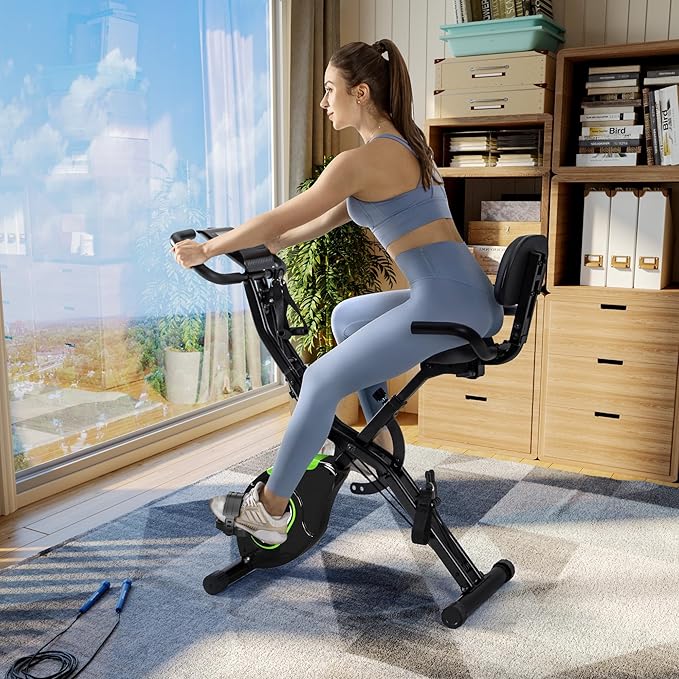 Caromix Folding Exercise Bike, 5 in 1 Stationary Bike with 16-Level Adjustable Magnetic Resistance, 330LB Capacity Indoor Workout Bike, Foldable Exercise Bike for Seniors and Adult