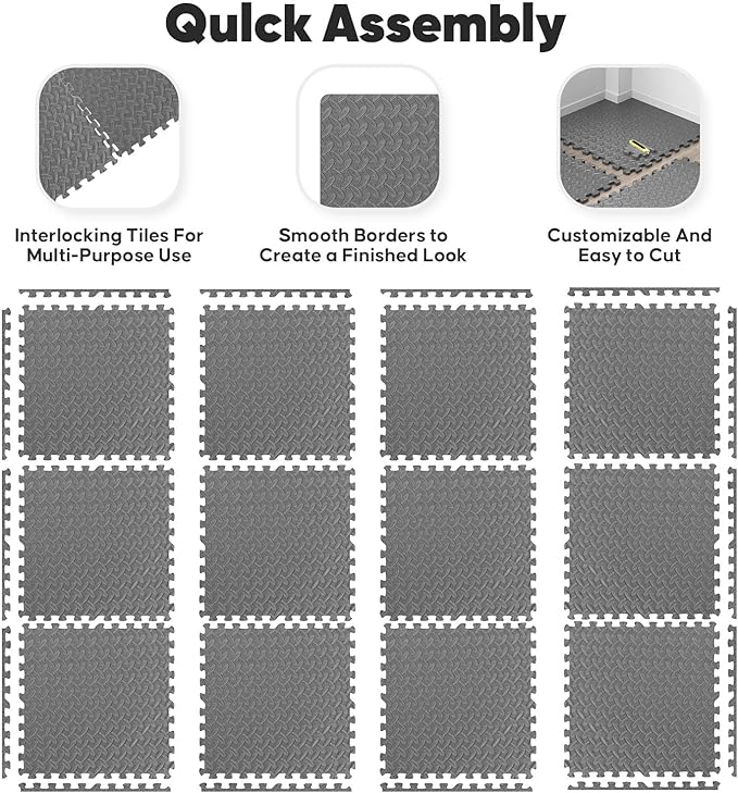 36 Pack Home Gym Mat, Puzzle Exercise Mat, EVA Interlocking Foam Floor Tiles for Home Workout Equipment and Kids' Play Areas -, 24 in x 24 in x ½ in, Grey 36 Tiles