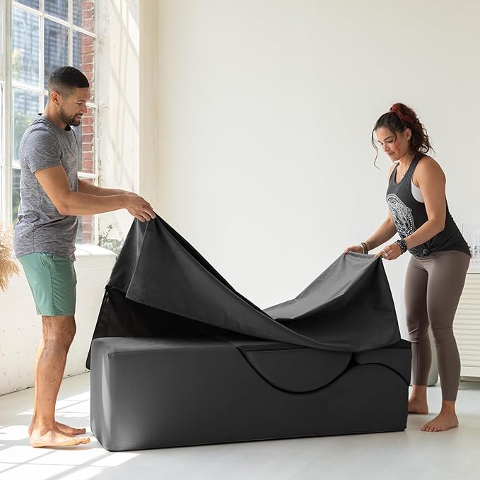 Avana Kami Convertible Chaise/Bed Bench for Yoga & Massage - 2-in-1 End of Bed Ottoman with Concealed Fold Out Yoga Lounge Chair, 22" Wide, Microvelvet Black