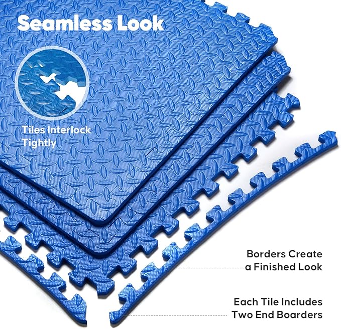 24 Pack Home Gym Mat, Puzzle Exercise Mat, EVA Interlocking Foam Floor Tiles for Home Workout Equipment and Kids' Play Areas - Blue, 24 in x 24 in x ½ in - 24 Tiles (Blue, 24 Pack 96 sq ft)