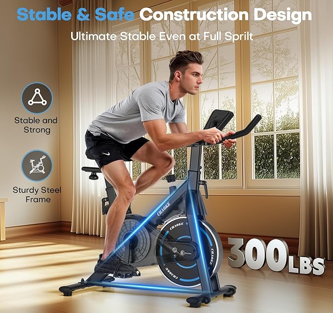CHAOKE Exercise Bike, Quiet Adjustable Magnetic Stationary Bike for Home Cardio with App Compatible, 350LB Weight Capacity Indoor Cycling Bike with Large Seat, Dumbbell Rack, Pull Cords & LCD Display