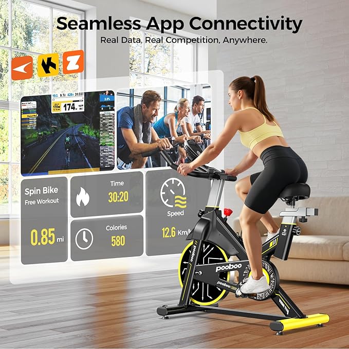 POOBOO Magnetic Exercise Bike, Quiet Stationary Bike with APP and 350lbs Weight Capacity, Indoor Cycling Bike with LCD Monitor and Tablet Holder, Heavy Duty Workout Bike for Home Gym Weight Loss