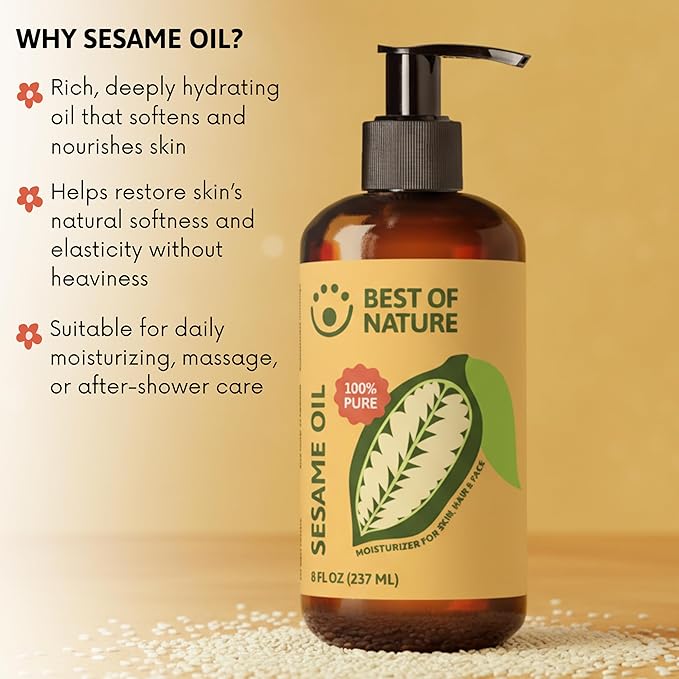 Best of Nature 100% Pure Sesame Oil – Natural Unscented Massage Oil, Deep Moisturizing Body & Skin Oil, Perfect Carrier Oil for Essential Oils, Half Gallon (64 fl oz)