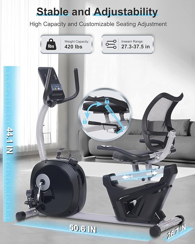Recumbent Exercise Bike for Seniors - 400LB Weight Capacity Recumbent Bikes with Comfortable Seat, Pulse Sensor, 16-level Resistance, LCD Monitor