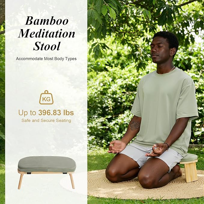DYNAMI Bamboo Meditation Bench with Sponge Cushion, Portable Foldable Ergonomic Meditation Stool,Wooden Kneeling Stool for Yoga Sitting Prayer,Load Capacity 396lbs (Green)