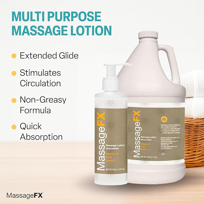 Massage FX Unscented Massage Lotion, 8 oz Pump Bottle - Soothing Formula Provides Smooth Extended Glide - Non Sticky Formula Easy Glide Smooth Touch with Natural Botanicals for Ultra Spa Experience