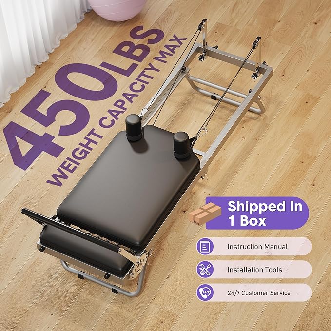 Foldable Pilates Reformer for Home Use, Adjustable Pilates Machine with 5 Resistance Springs, Compact Design for Small Spaces, Supports 350 LBS, Ideal for Beginners & Intermediate Users, Black