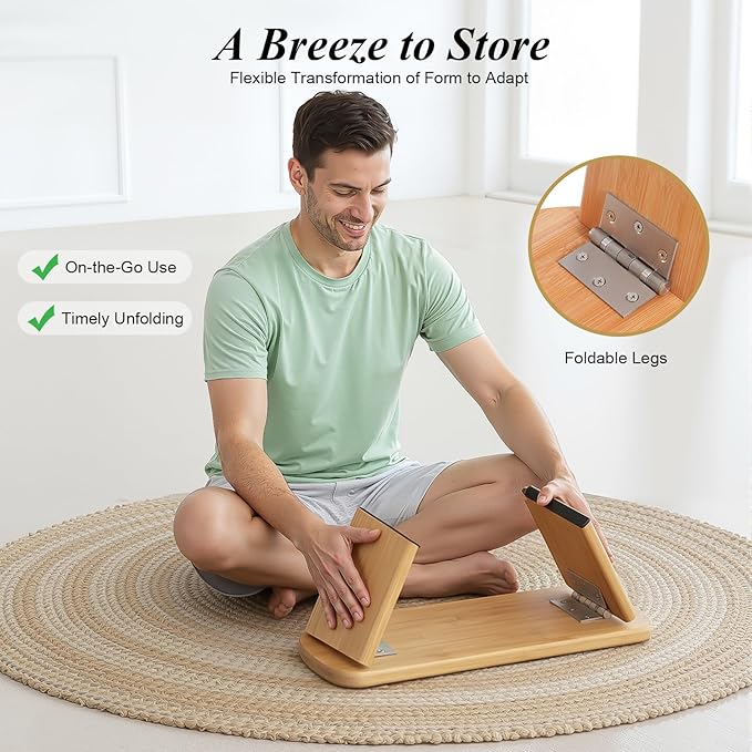 DYNAMI Bamboo Meditation Bench with Sponge Cushion, Portable Foldable Ergonomic Meditation Stool,Wooden Kneeling Stool for Yoga Sitting Prayer,Load Capacity 396lbs (Green)