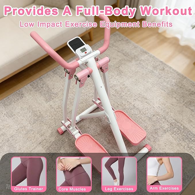 Air Walker Exercise Machine Foldable Elliptical Machine for Home Mini Elliptical for Full-Body Low-Impact Workout with LCD Display Space Walker Exercise Equipment for Home Gym Pink