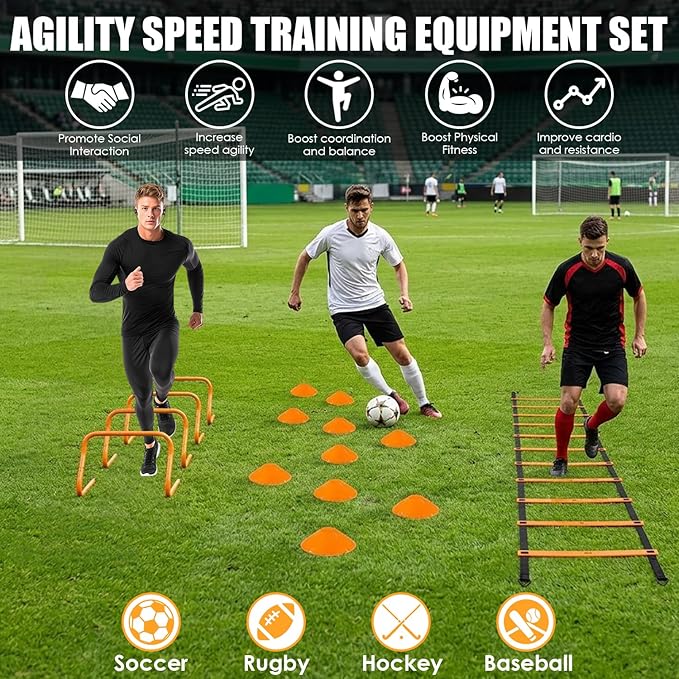Soccer Agility Training Equipment Set, 20ft Speed Ladder, 12 Soccer Cones, 4 Hurdles, Running Parachute, Jump Rope, Basketball Football Soccer Training Equipment