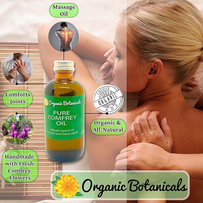 Pure Organic Comfrey Leaf Infused Oil - Skin Care for Joints, Back, Muscles, Fractures, Bruises, and Minor Wounds, Natural Herbal Body Massage Oil, Certified Organic (4 oz)