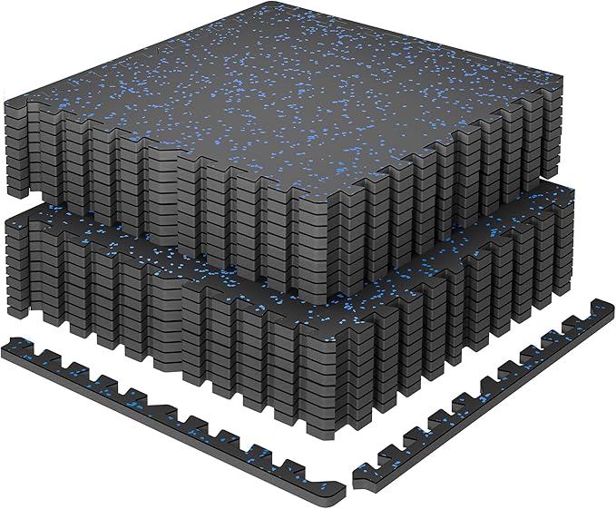 SUPERJARE 0.79'' Extra-Thick Exercise Equipment Mats, 18 Pcs 72 Sq Ft Rubber Top Floor Tiles with High Density EVA Foam, Interlocking Gym Flooring for Home Gym, Workout Mat, Black/Blue