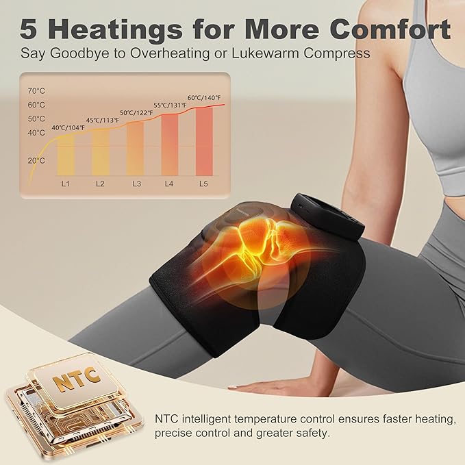 KingPavonini Cordless Knee Massager for Pain Relief, Newly 4 Motors Vibration, 5 Heat Levels, 6 Massage Modes, Knee Heating Pad for Knee Pain, Heated Knee Massager Brace, for Mom Dad (Black 2.0)