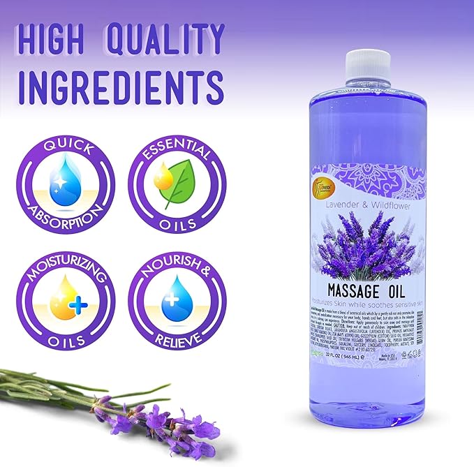 SPA REDI - Massage Oil, Lavender, 32 Oz - Professional Full Body Massage Therapy, Manicure, Pedicure - Relax Sore Muscles and Repair Dry Skin, Enhanced with High Absorption Oils and Vitamin E