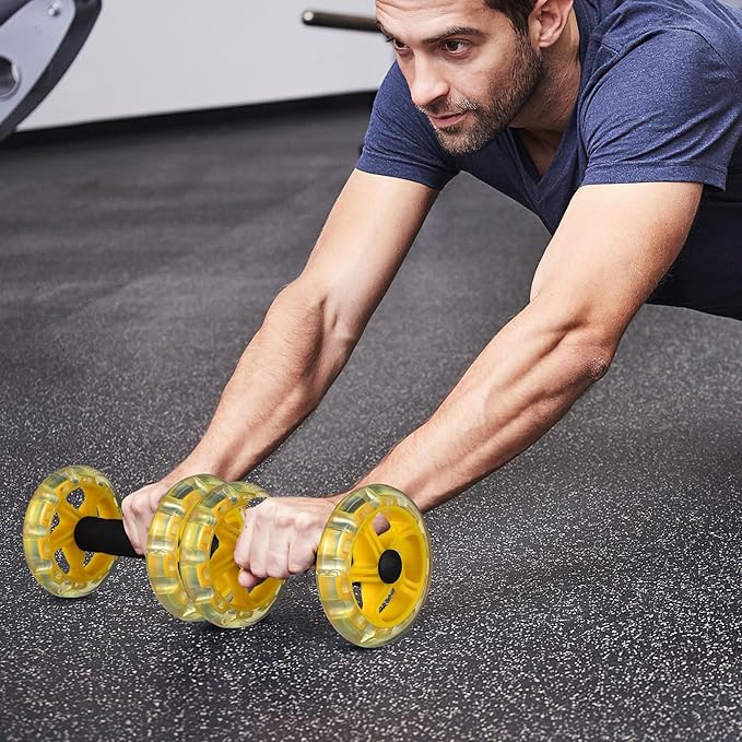 Fitness Wheel Twin-wheel Ab Roller with Wide Grip for Core Strengthening, Yellow Fitness Exercise Device for Home Gym and Weight Loss