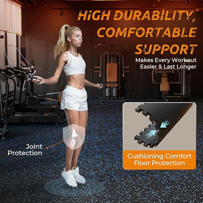 PRAISUN 0.6" Thicker Rubber Top Gym Flooring for Home Gym, 48 Pcs 192 Sq Ft Workout Mats, Exercise Mat, Interlocking Rubber Floor Mats with High Density EVA Foam for Garage, 24 x 24in, Black/Blue