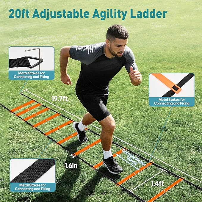 OLIXIS Soccer Agility Training Equipment Set- 20 ft Speed Ladder, 12 Soccer Cones, 4 Agility Hurdles, Jump Rope, Resistance Parachute Speed Training Equipment for Kids, Youth, Adults