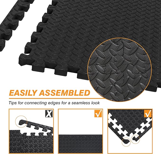 TCE AUPM001BK Interlocking Foam Mat Protective Exercise Workout Puzzle Floor Mat Tiles for Home Gym Equipment - 6 Pieces, 24 Square feet, Black