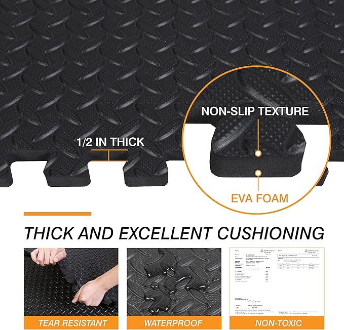 Mat Block EVA Exercise Floor Mats: Interlocking Foam Tile Performance Mats - 6 Tiles (Area: 24 SQ FT) 1/2 inch Thickness, EVA Home Gym Exercise Floor Mats for All Exercises or Equipment, Black