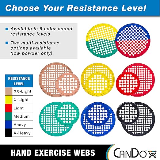 CanDo Hand Exercise Webs for Physical Therapy, Grip Strengthening, and Hand, Finger, Wrist Resistance Workouts, Portable Size, Low Powder, 14" Diameter, Multi-Resistance: X-Light/Medium