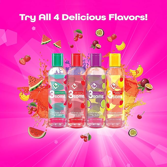 ID Lubricants 3some Flavored Sensual Massage – Strawberry Banana Oral Delight & Warming Fun for Couples Pleasure - 4 fl oz 3in1 Sensual Massage Lube