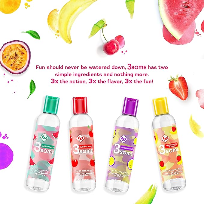 ID Lubricants 3some Flavored Sensual Massage – Strawberry Banana Oral Delight & Warming Fun for Couples Pleasure - 4 fl oz 3in1 Sensual Massage Lube