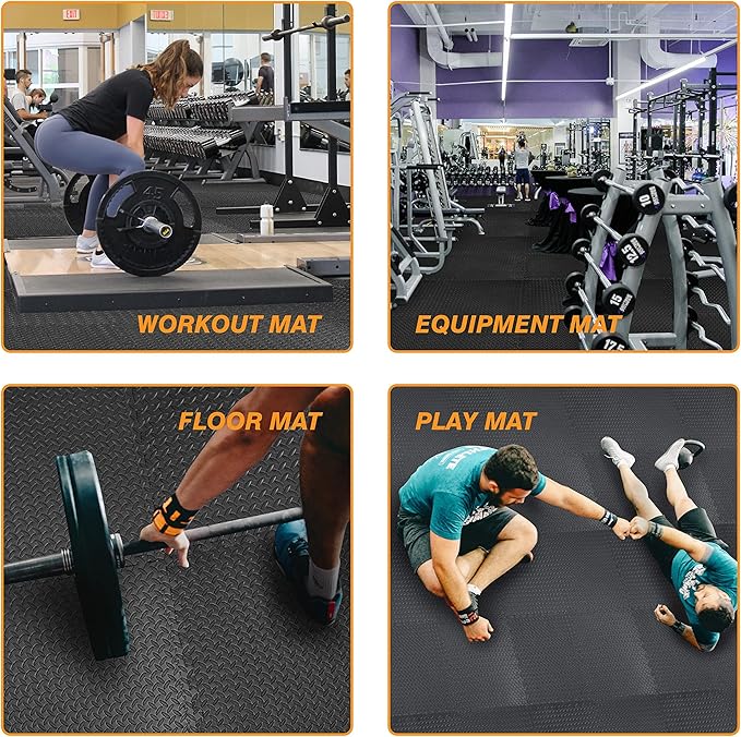 Mat Block EVA Exercise Floor Mats: Interlocking Foam Tile Performance Mats - 6 Tiles (Area: 24 SQ FT) 1/2 inch Thickness, EVA Home Gym Exercise Floor Mats for All Exercises or Equipment, Black